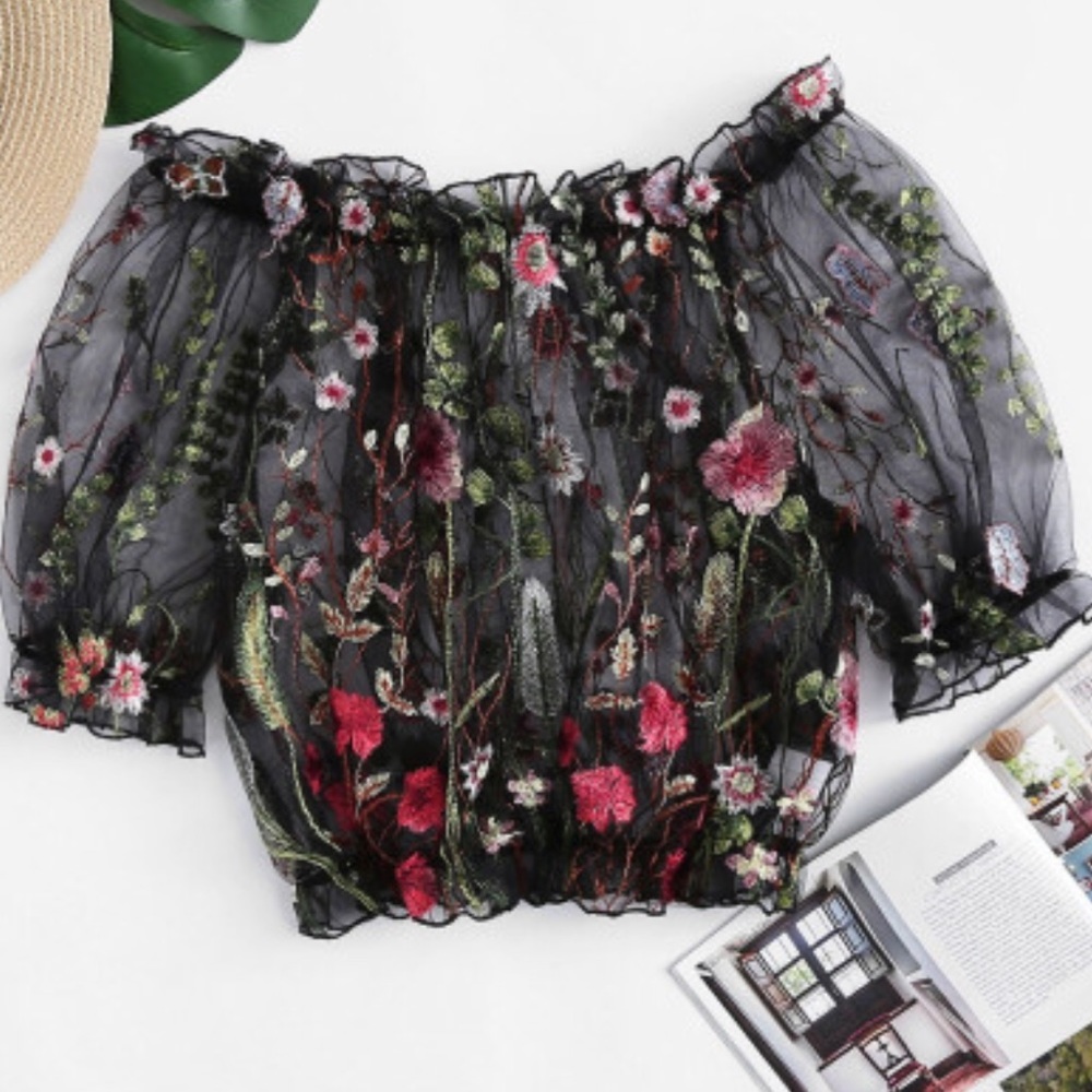 Off shoulder sheer floral crop top